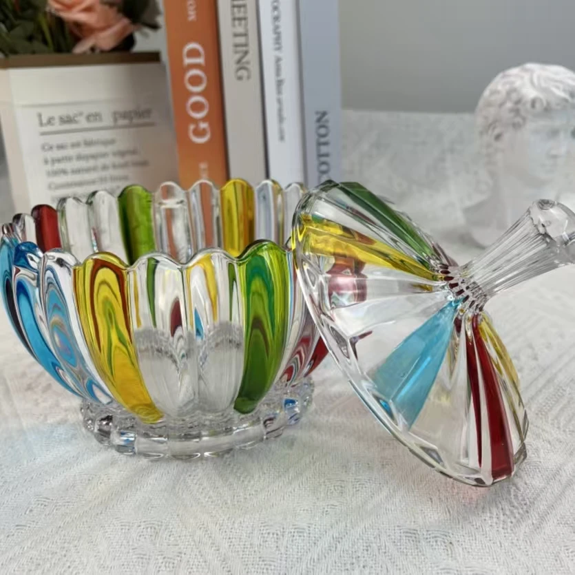 家用创意带盖手工彩绘莲花家用糖果罐可爱手绘条纹彩色欧式