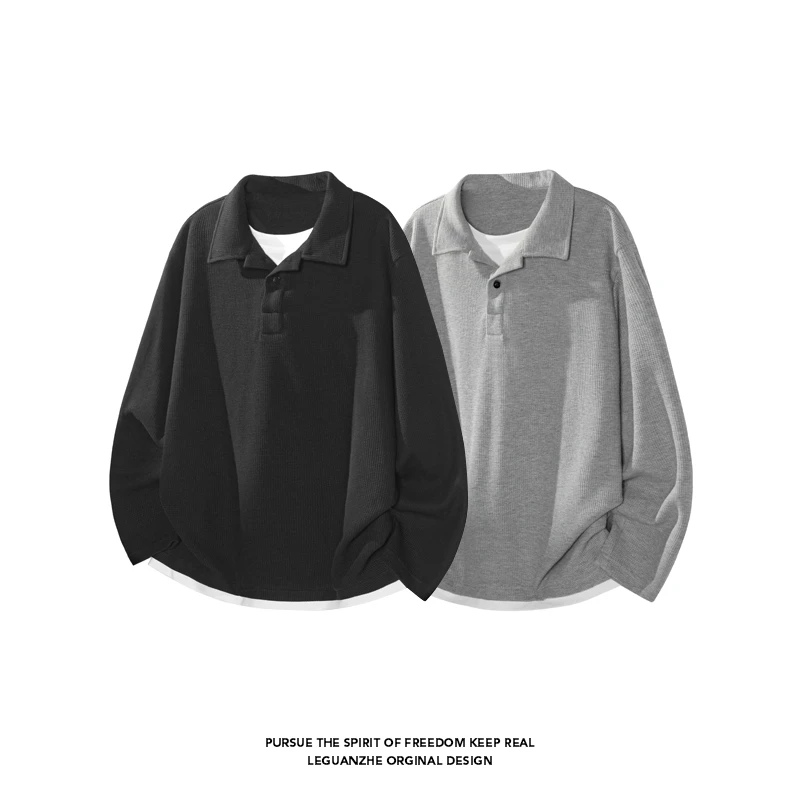 浅灰色华夫格长袖t恤男秋季cleanfit正肩重磅卫衣潮牌痞帅POLO衫