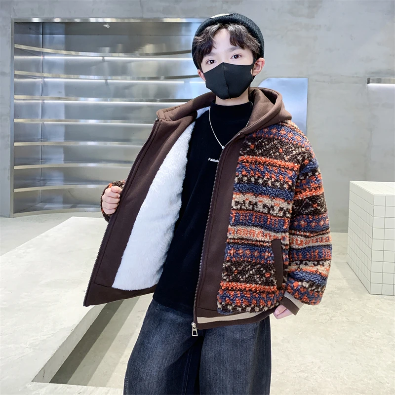 男童冬季羊羔绒外套加绒加厚2025新款大童冬装棉衣儿童毛毛衣棉服