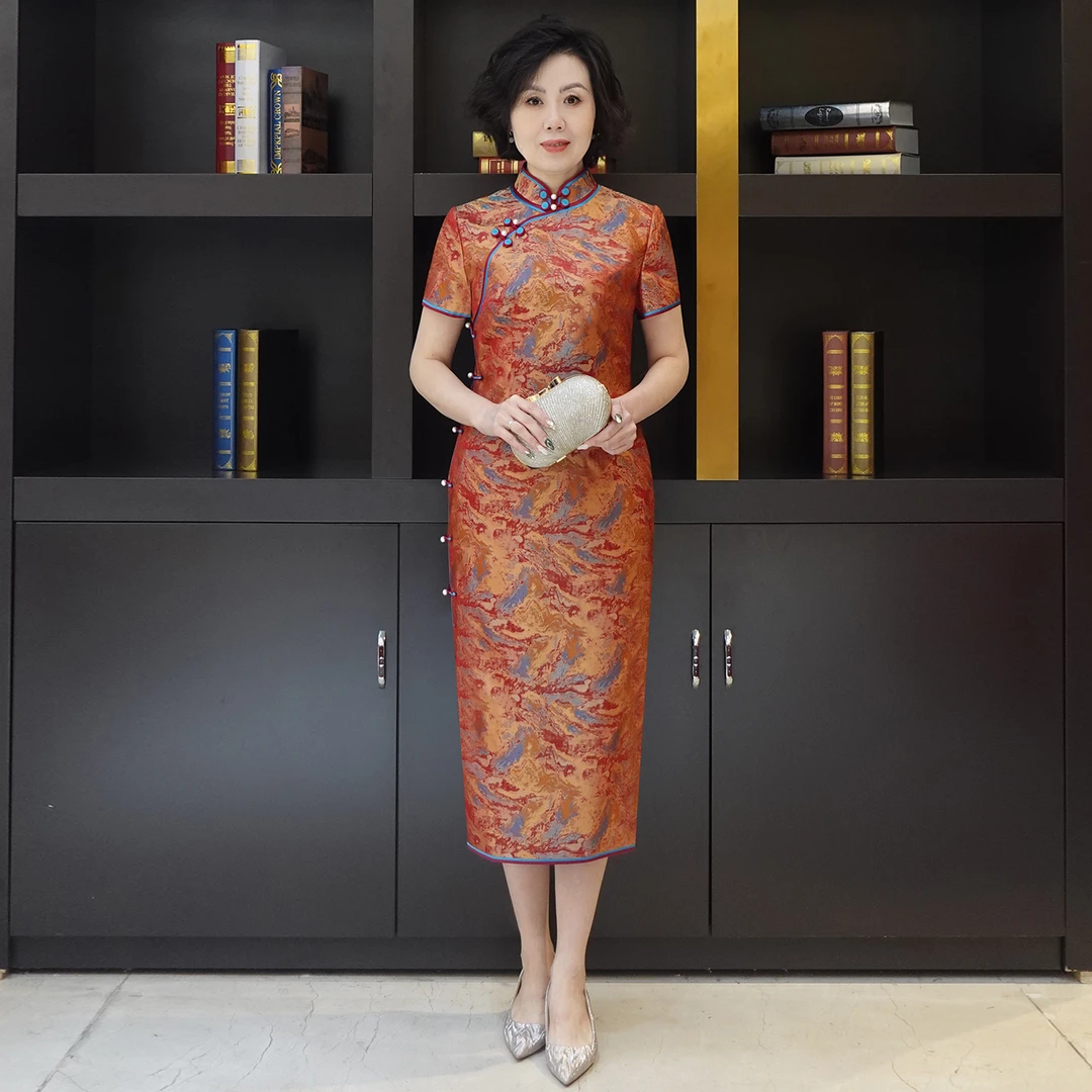 YINGDAK/应大火焰红新中式立领旗袍气质喜婆婆喜妈妈场合装复古