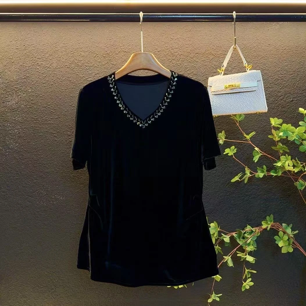 新款大码v领重工2025显瘦洋气高级感收腰显瘦半袖/33155