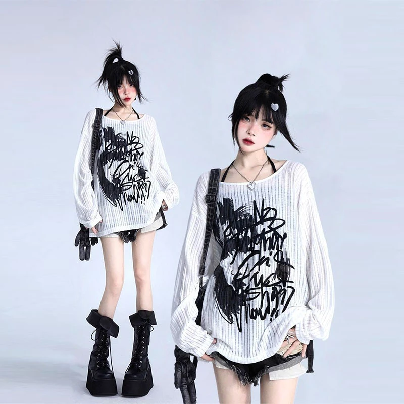 INS小众别致字母涂鸦印花长袖T恤女夏季韩系穿搭宽松防晒罩衫上衣