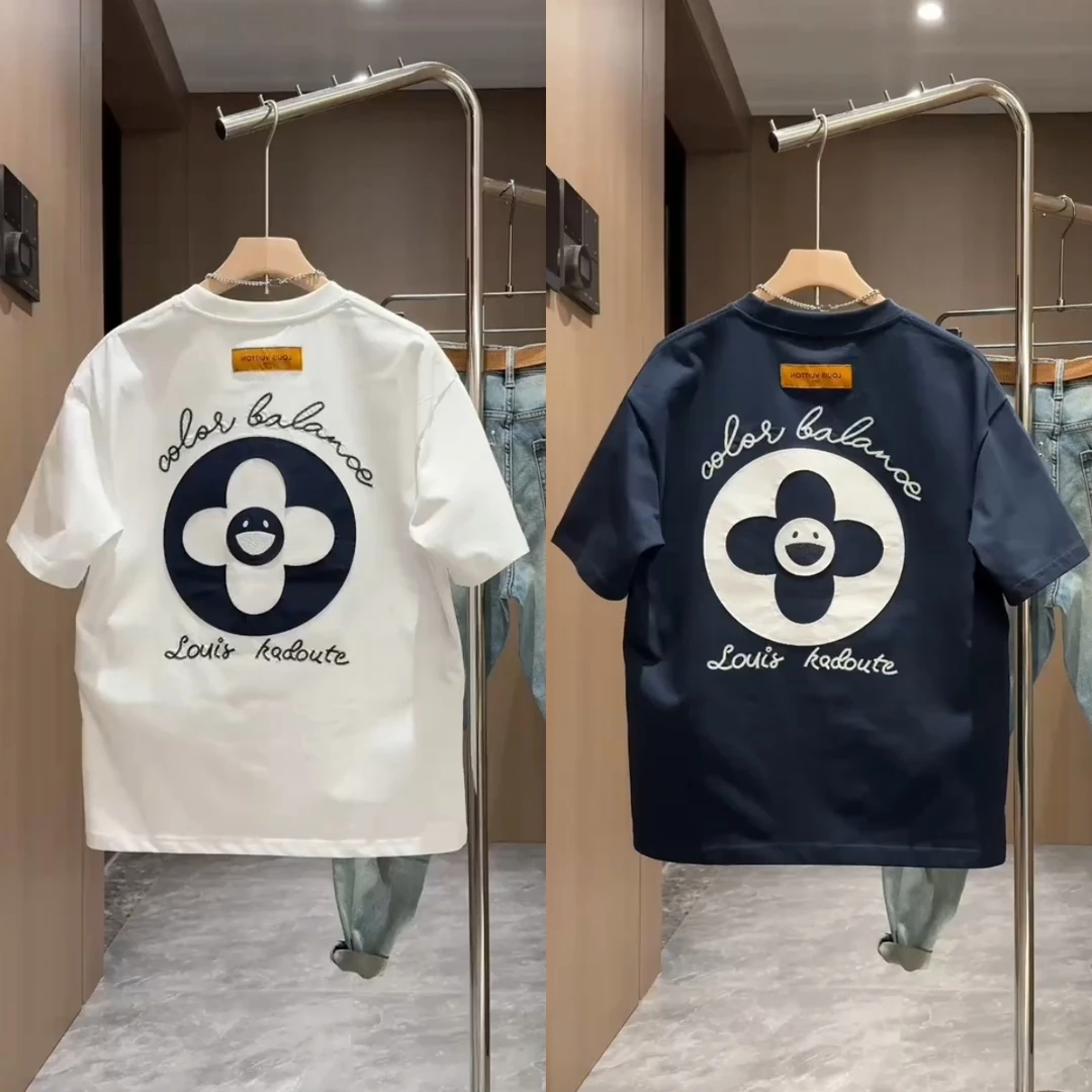 2025夏季新款时尚刺绣印花圆领短袖T恤男百搭潮流圆领宽松休闲t恤