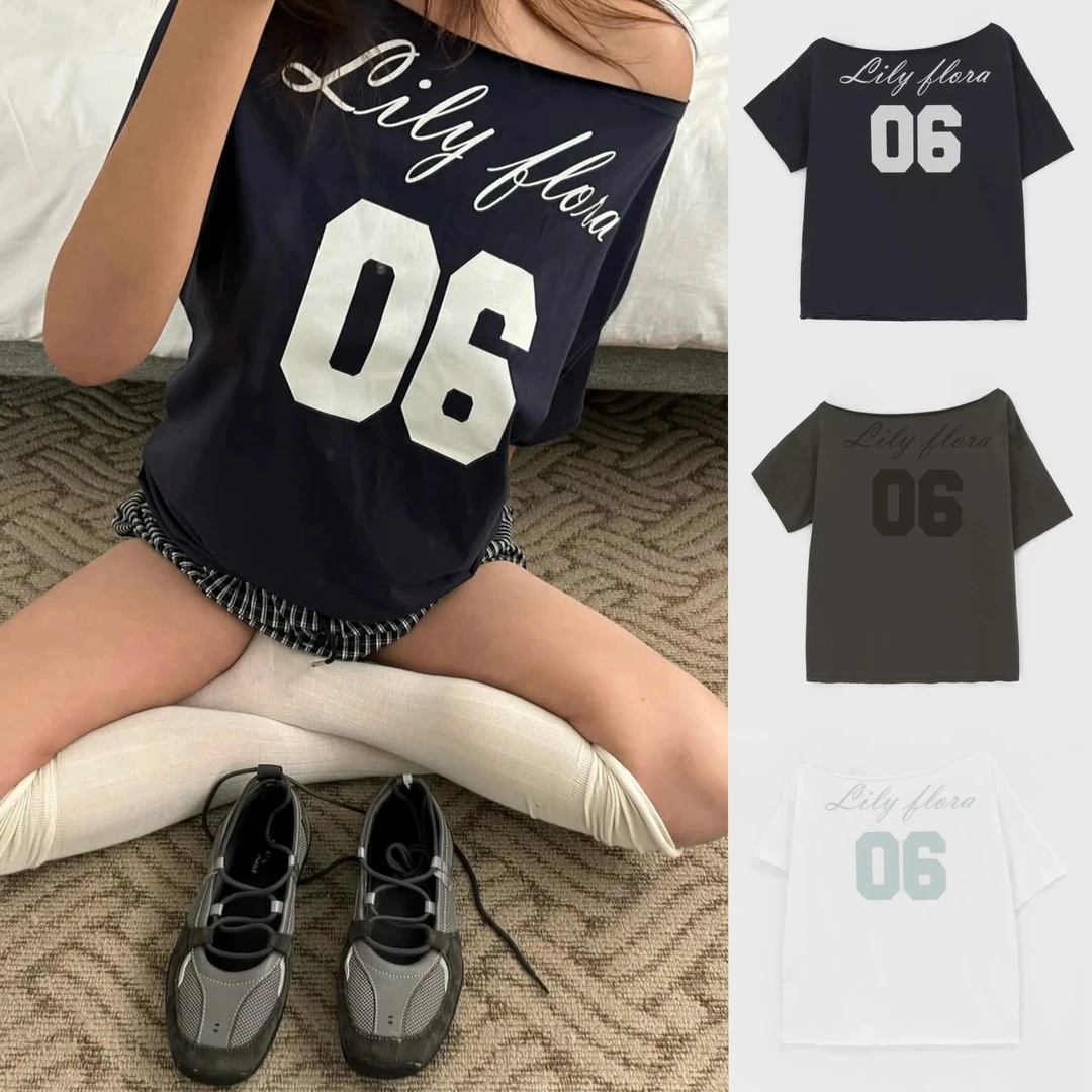 美式复古辣妹斜领短袖T恤女夏新款街头小众宽松显瘦百搭露肩上衣