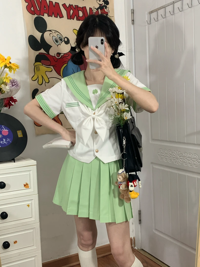 茶茶家【幸运芽】原创收腰jk制服学院风校服甜美日系正统刺绣水手服
