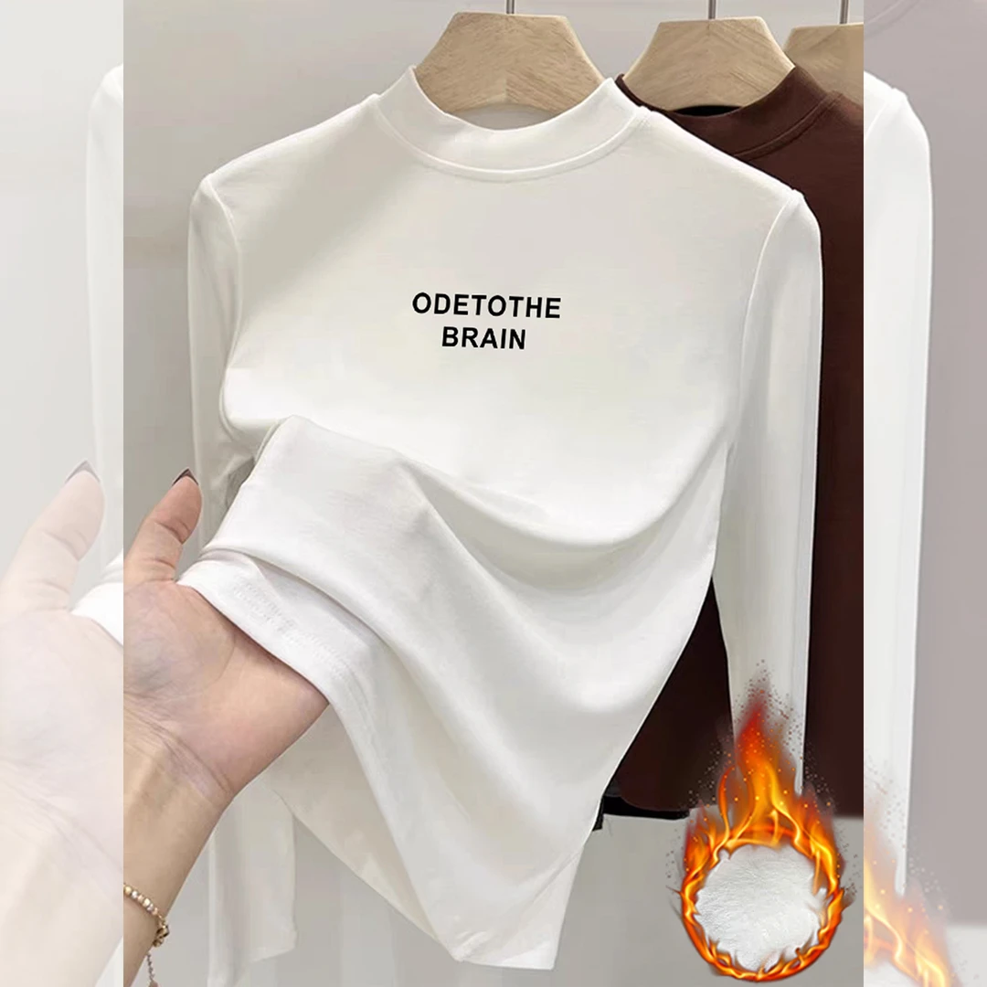 德绒半高领打底T恤女秋冬2025新款内搭显瘦时尚保暖加绒长袖上衣