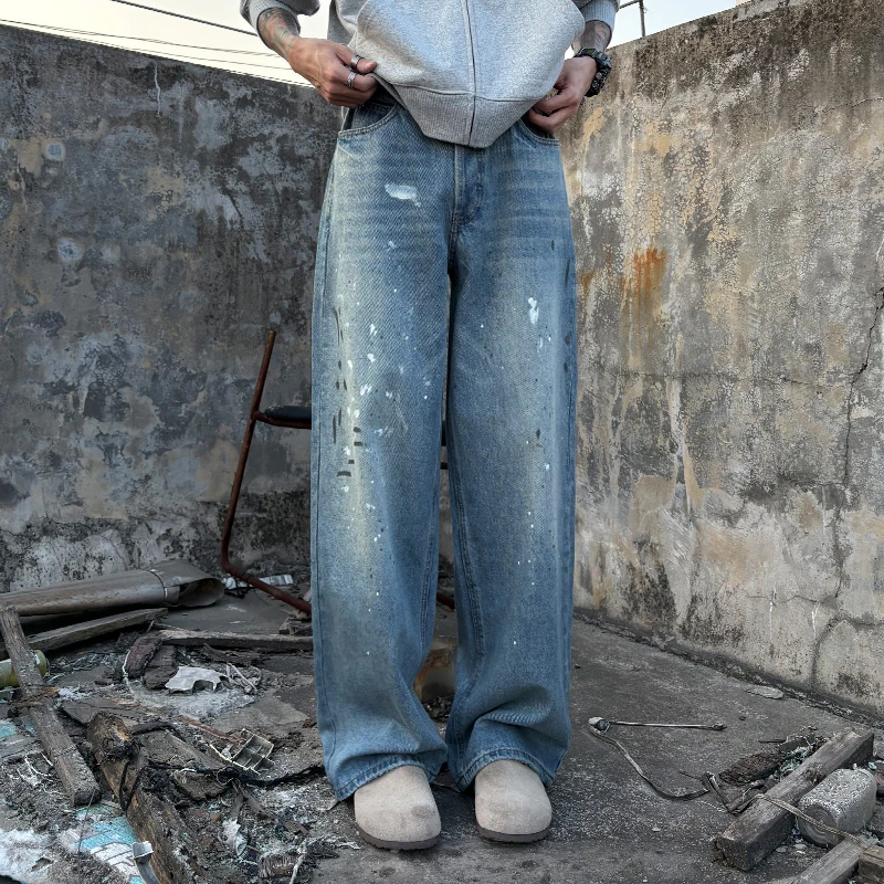 复古做旧泼墨水洗牛仔裤美式高街潮牌设计感阔腿直筒裤长裤男
