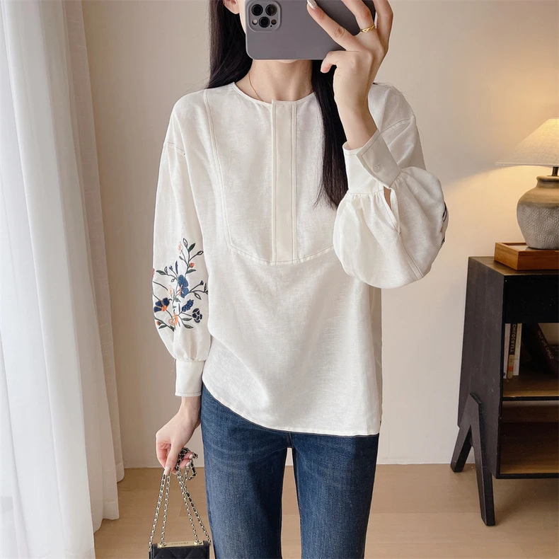 杰瑞【阳春白雪】苎麻棉麻亚麻女装重工花朵刺绣灯笼袖衬衫上衣女