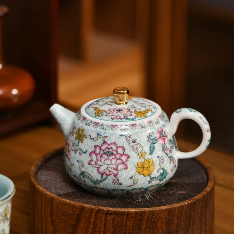 成艺珐琅莲韵拓香壶精美家用珐琅彩莲花茶具复古蓝色高端茶具送礼