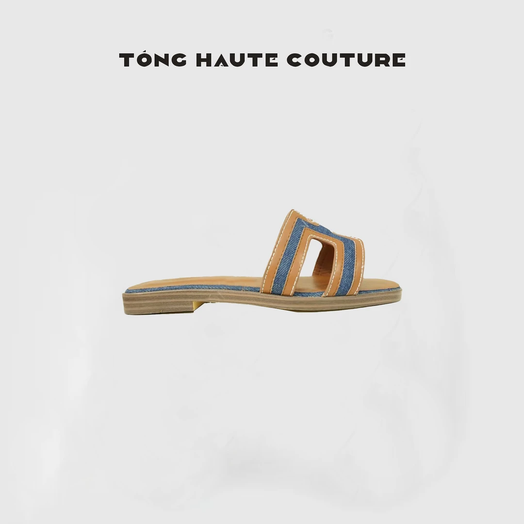 【靛彩逸格】牛皮牛仔皮革交织时尚休闲一字拖 YX013