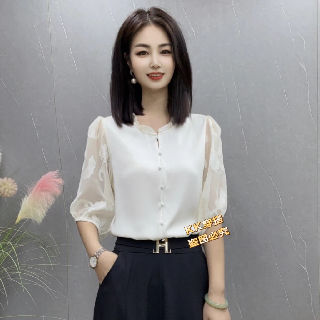 【KK】BX1862夏季半袖小花边领纯色拼接款气质显瘦衬衫