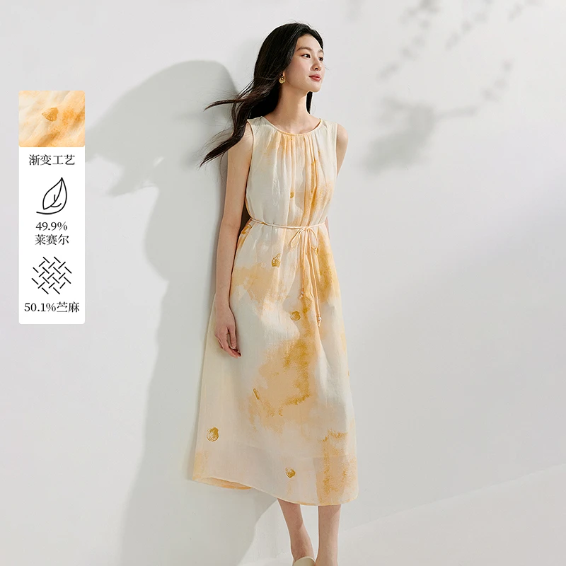 【商场同款】茵曼莱赛尔苎麻渐变连衣裙2025夏季女装新款收腰裙子