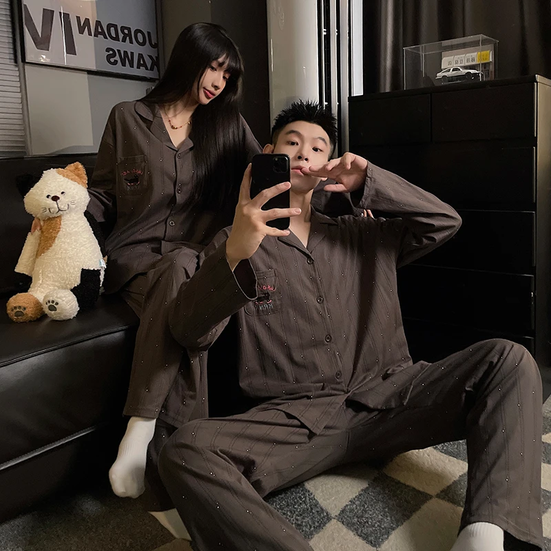 日系ins情侣睡衣女春秋季长袖长裤纯棉男士可外穿家居服夏天套装