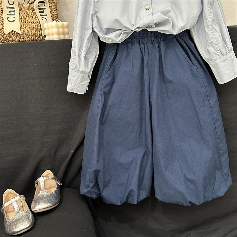 现货【普鲁士蓝】春秋女童阔腿儿童休闲裤韩版宽松抽绳九分灯笼裤潮