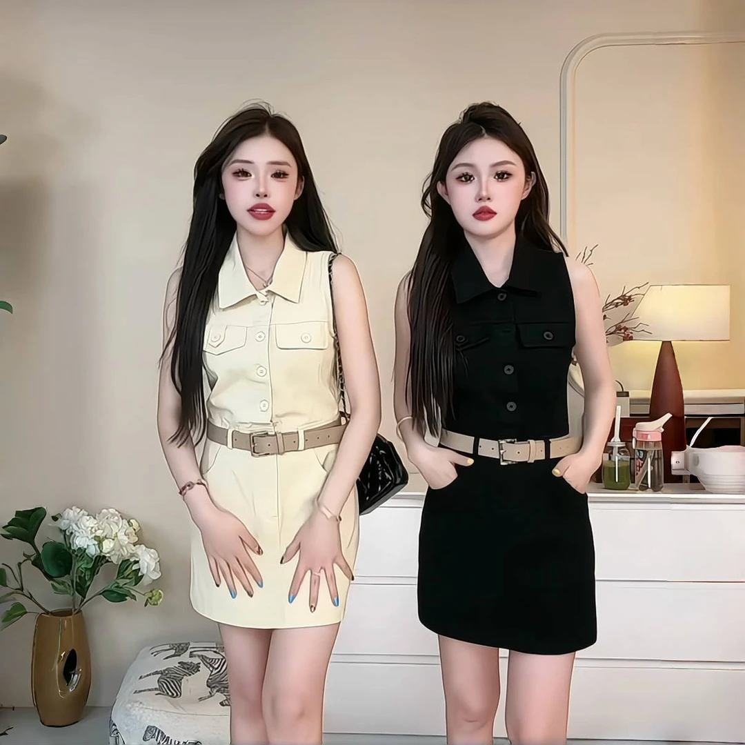 简约翻领无袖收腰显瘦气质中高腰a字夏季连衣裙