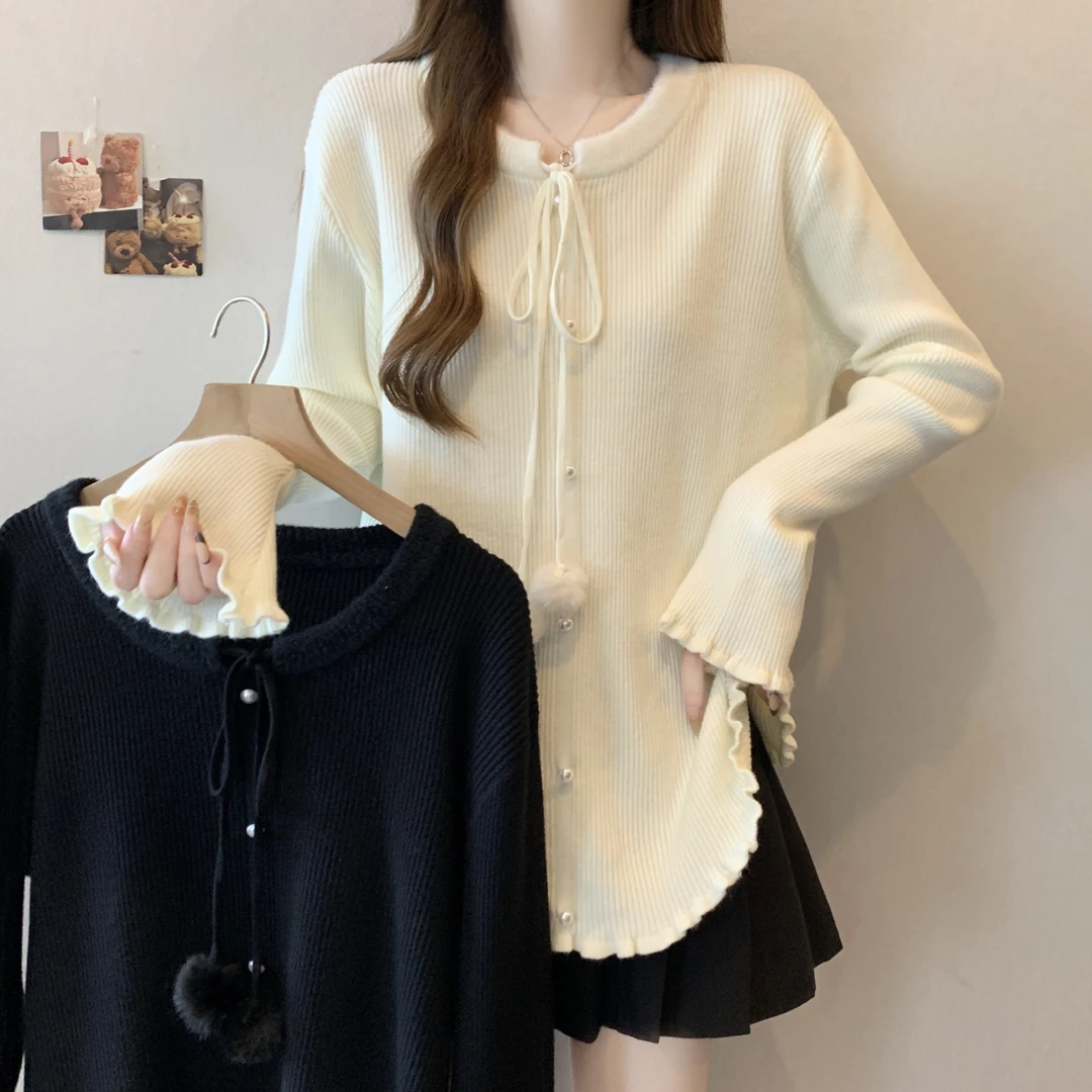 大码新款毛球系带喇叭袖遮肉显瘦针织衫上衣