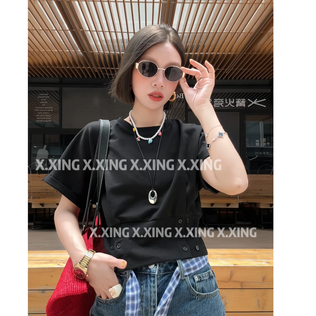 X.x.夏季新款设计感百搭圆领短袖收腰T恤女休闲短款上衣C31-1237