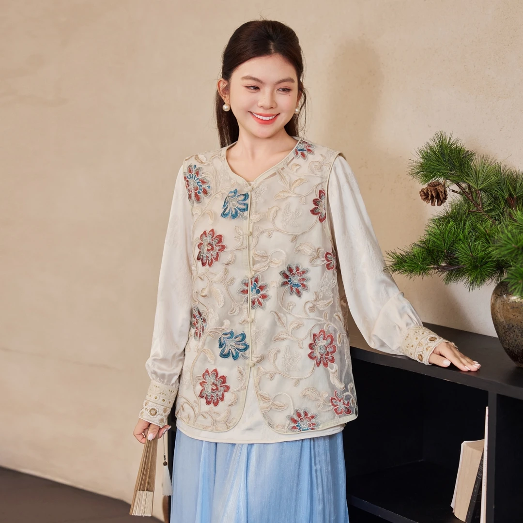 MsShe大码女装秋装新中式立体亮丝刺绣欧根纱马甲小衫E2508035