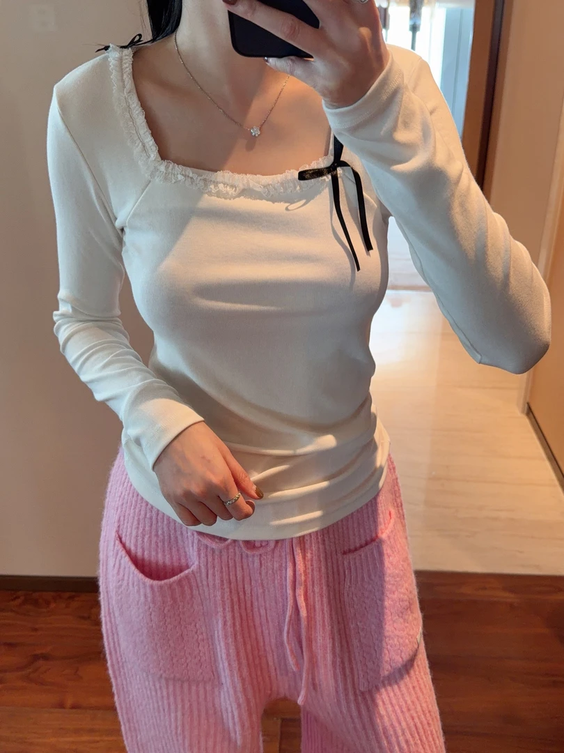 【张静芝】韩国新品 褶皱木耳花边拼立体黑蝴蝶结显瘦紧身长袖T恤