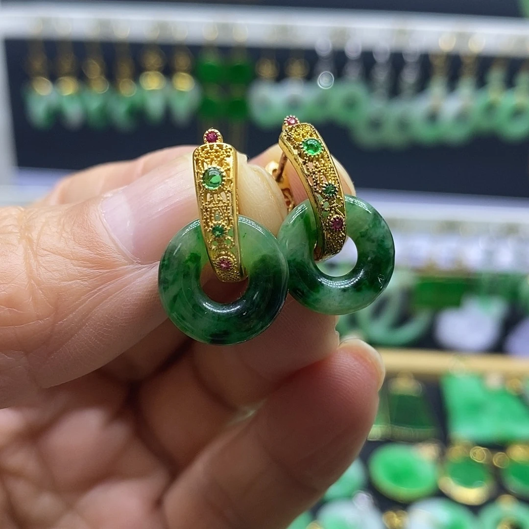 翡翠银S925镀金镶嵌耳饰耳坠