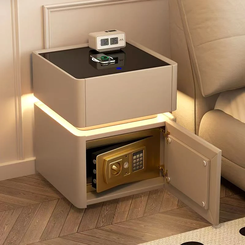 实木松木猫爪皮包裹智能保险柜卧室床头柜