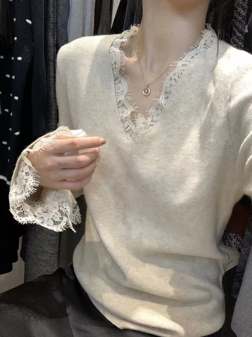 MAMIE【蕾丝打底】秋冬小众别致气质百搭蕾丝拼接针织衫长袖