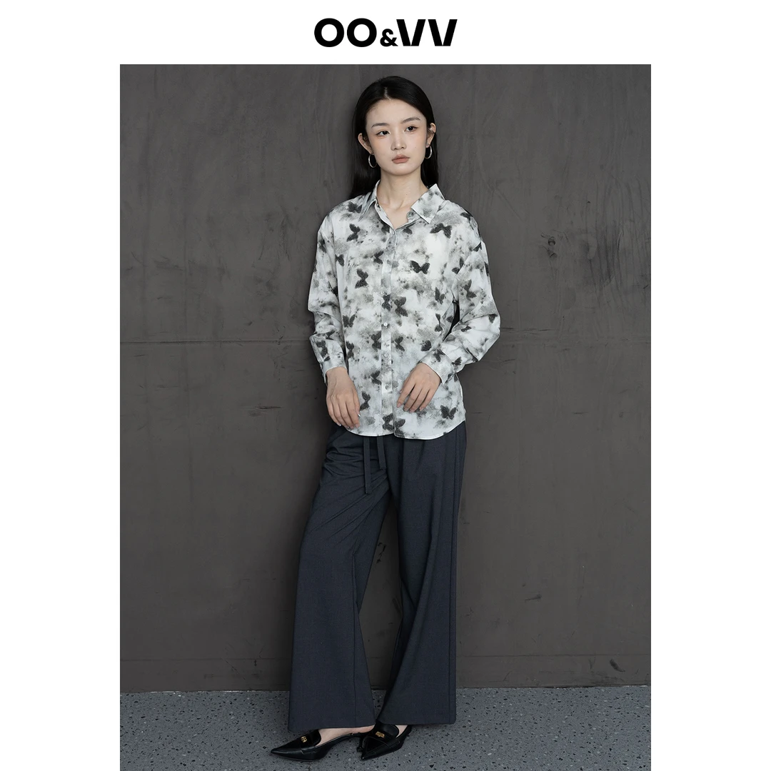 OO&VV美式黑色蝴蝶印花长袖衬衫女2025秋外穿薄款休闲开衫外套