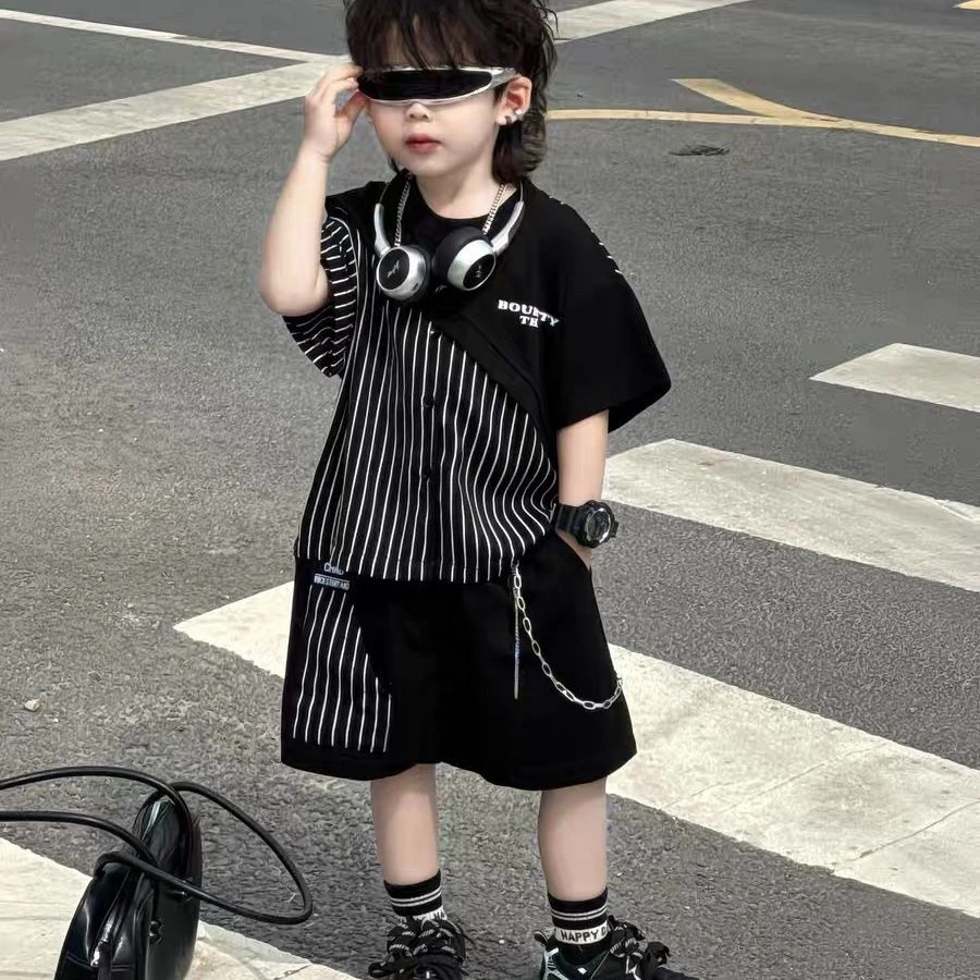 男童儿童短袖条纹拼接套装韩版2025夏季夏装新款洋气帅气两件套