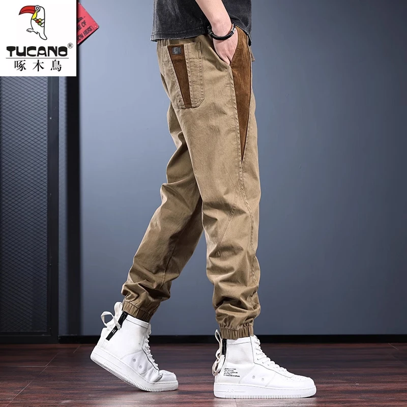 卡其色法式工装裤子男潮流百搭束脚裤2025新款浅色抽绳时尚休闲裤