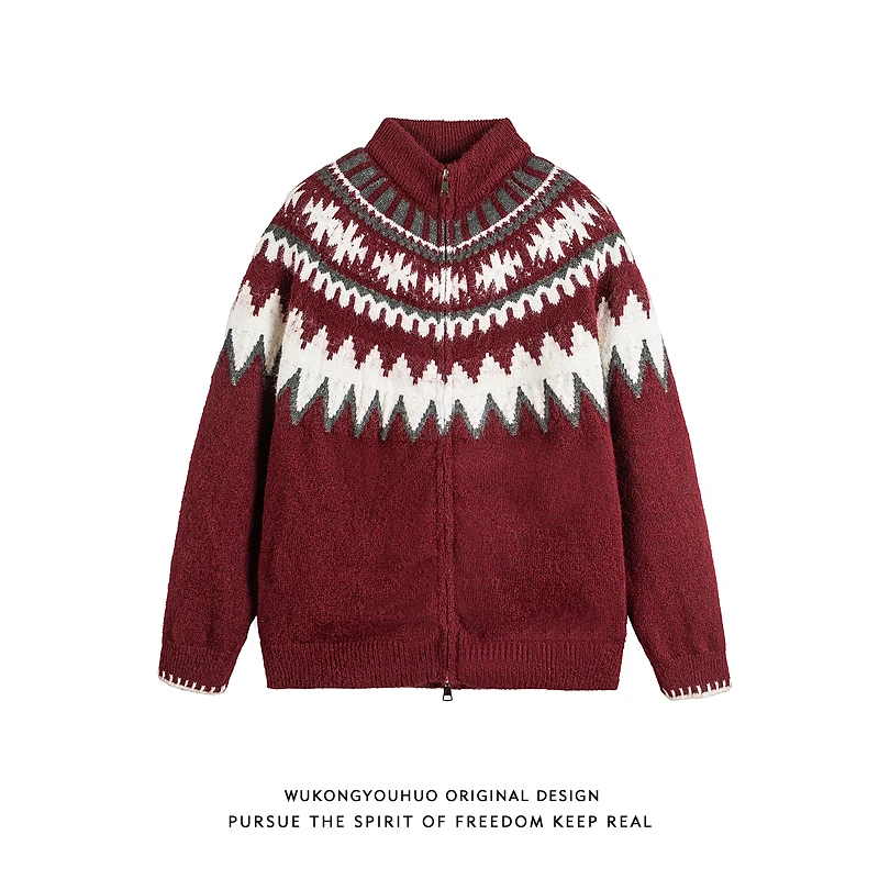 悟空有货美式复古费尔岛开衫立领毛衣男女秋季情侣宽松百搭针织衫