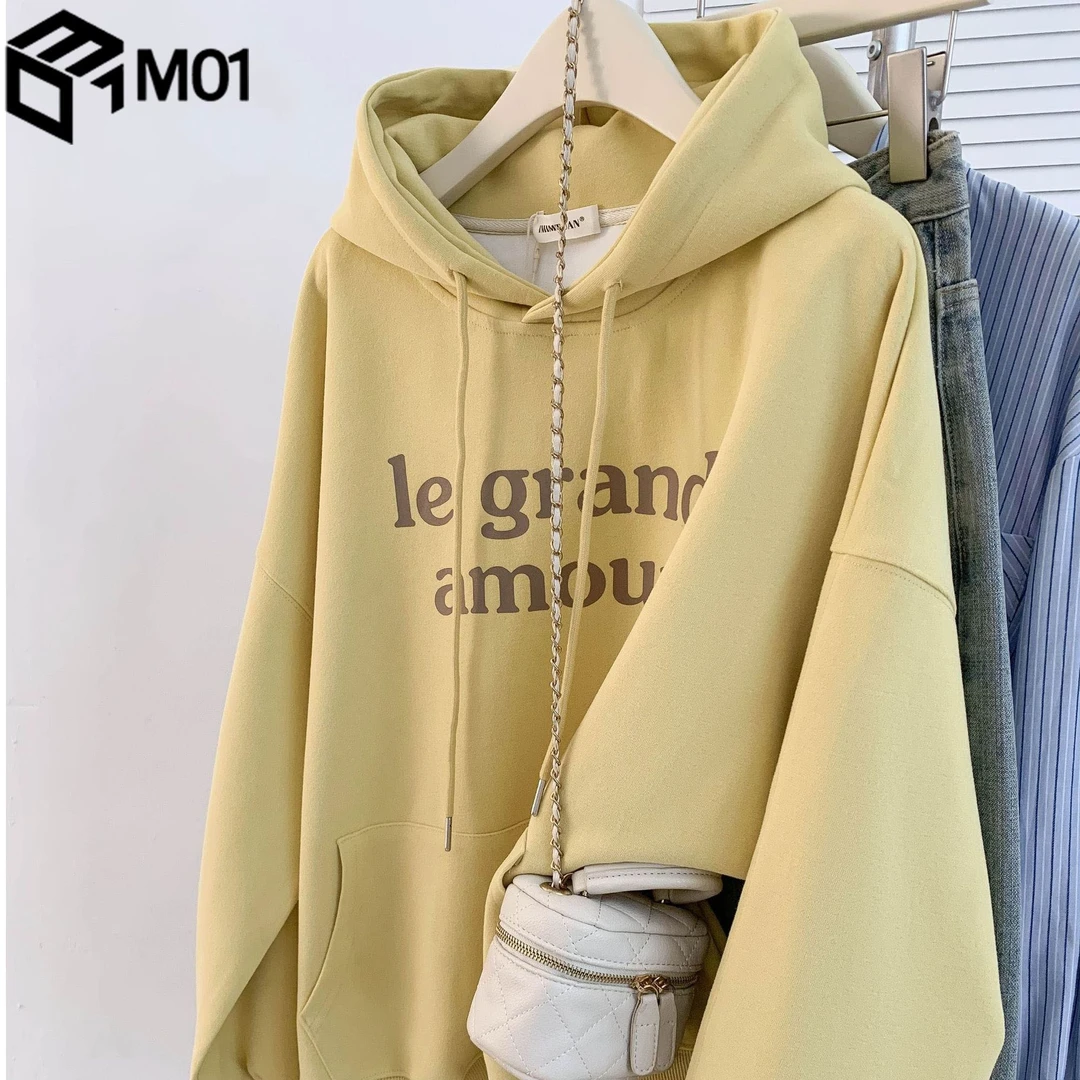 M01连帽黄色卫衣女2025新款秋季慵懒宽松加绒超好看洋气长袖上衣