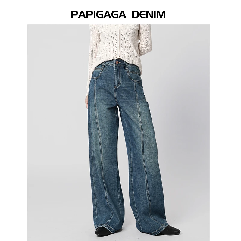 复古高腰阔腿牛仔裤女2025年春季新款设计感宽松显瘦休闲直筒长裤
