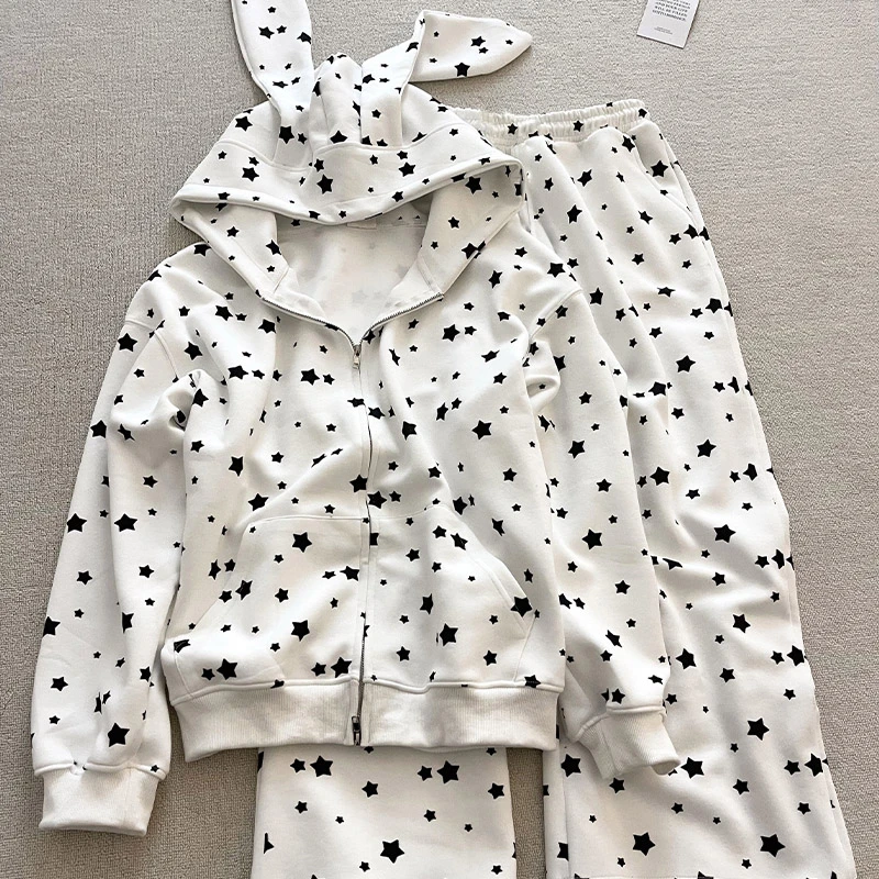 星星印花兔耳朵连帽睡衣套装女2025新款大码长袖长裤家居服套装