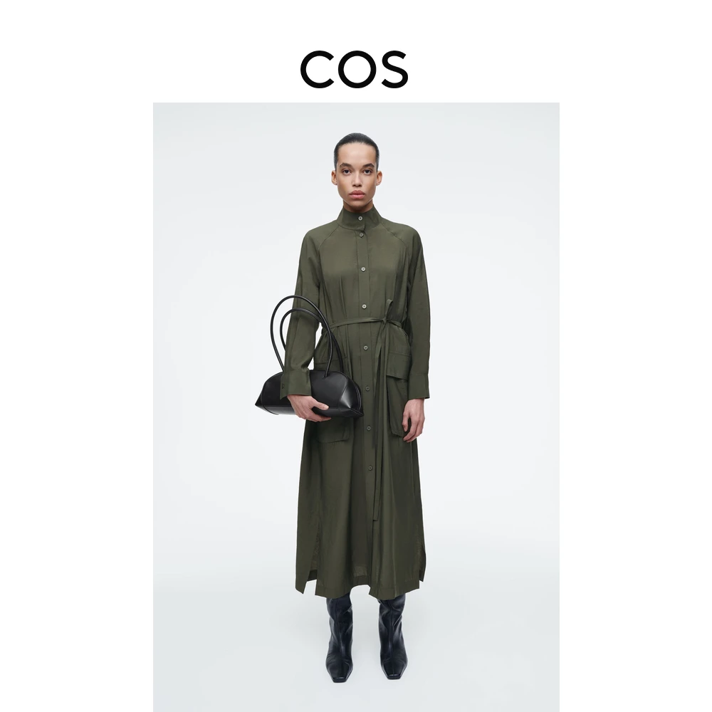 COS女装 宽松版型腰带衬衫连衣裙深绿色2025春季新品1256700001