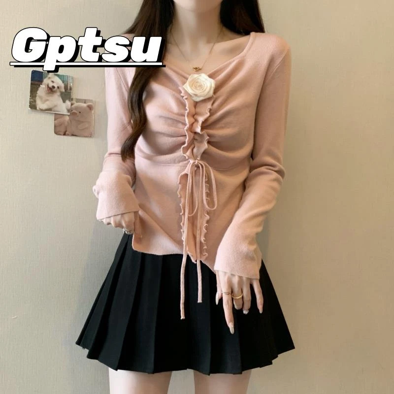 GPTSu立体花朵领长袖针织衫女秋大码微胖设计感皱褶短款打底上衣