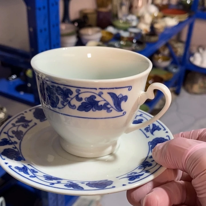 瓷片四厂青花翡翠瓷咖啡杯碟