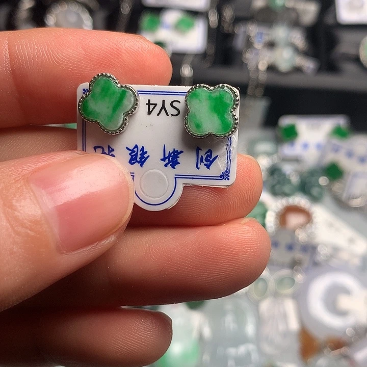 翡翠未镶嵌耳饰四叶草耳钉