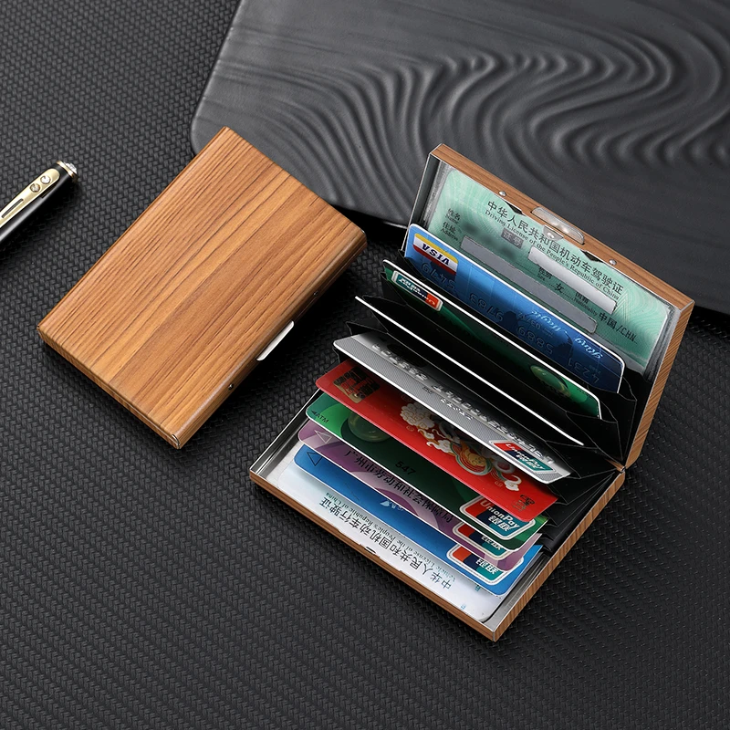防木纹高档金属不锈钢卡包防消磁防盗刷超薄小巧卡盒多功能卡片夹