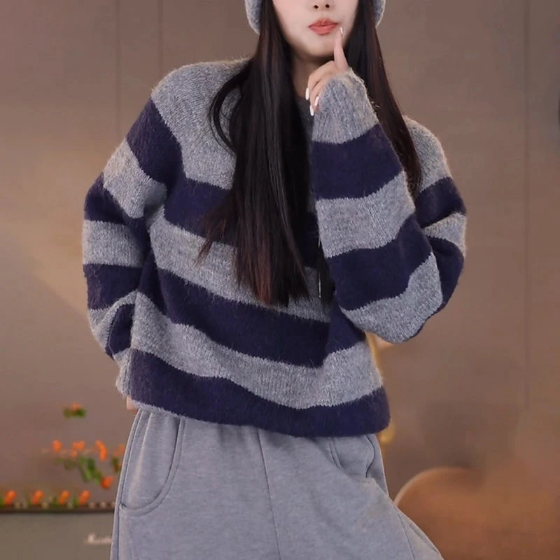 长袖常规条纹毛针织衫复古套头慵懒风圆领撞色网红时尚休闲