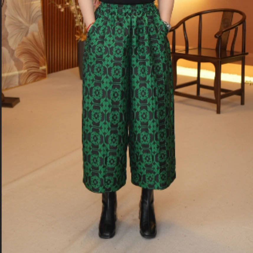 红熹潮（25097绿色/白色）夏季新款提花阔腿透气时尚百搭宽松茧型裤