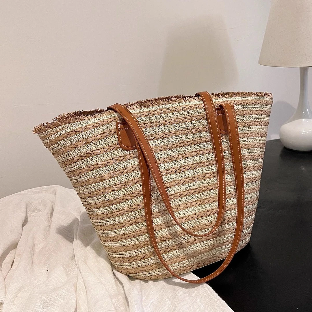 休闲肩包单根编织单肩包托特包夏季百搭编制韩式条纹碎花