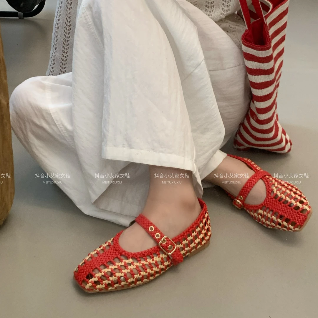 时尚拼色编织夏季新一脚蹬凉鞋复古方头一字带浅口单鞋女517-3