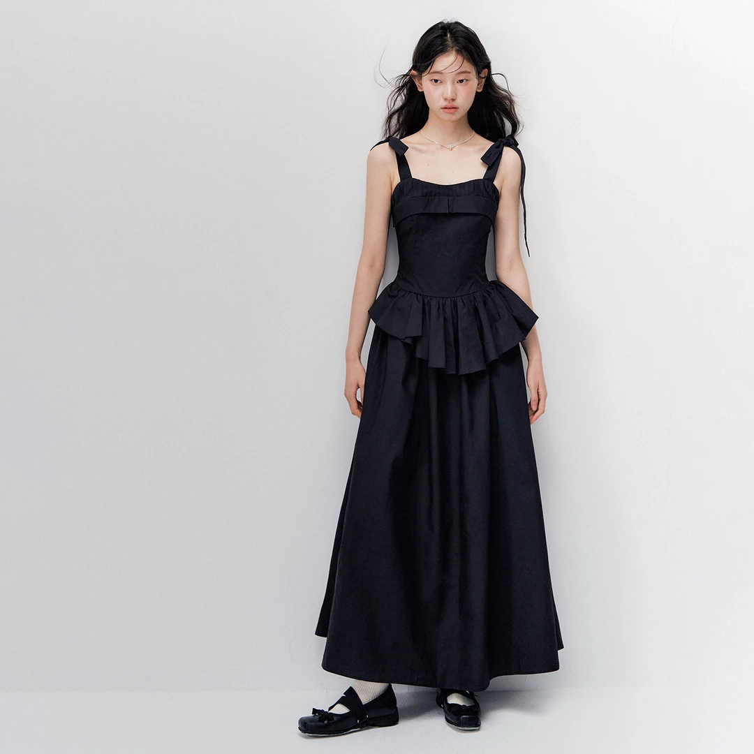 ANNATTO 夏季黑色轻奢感收腰显瘦蝴蝶结吊带连衣裙女