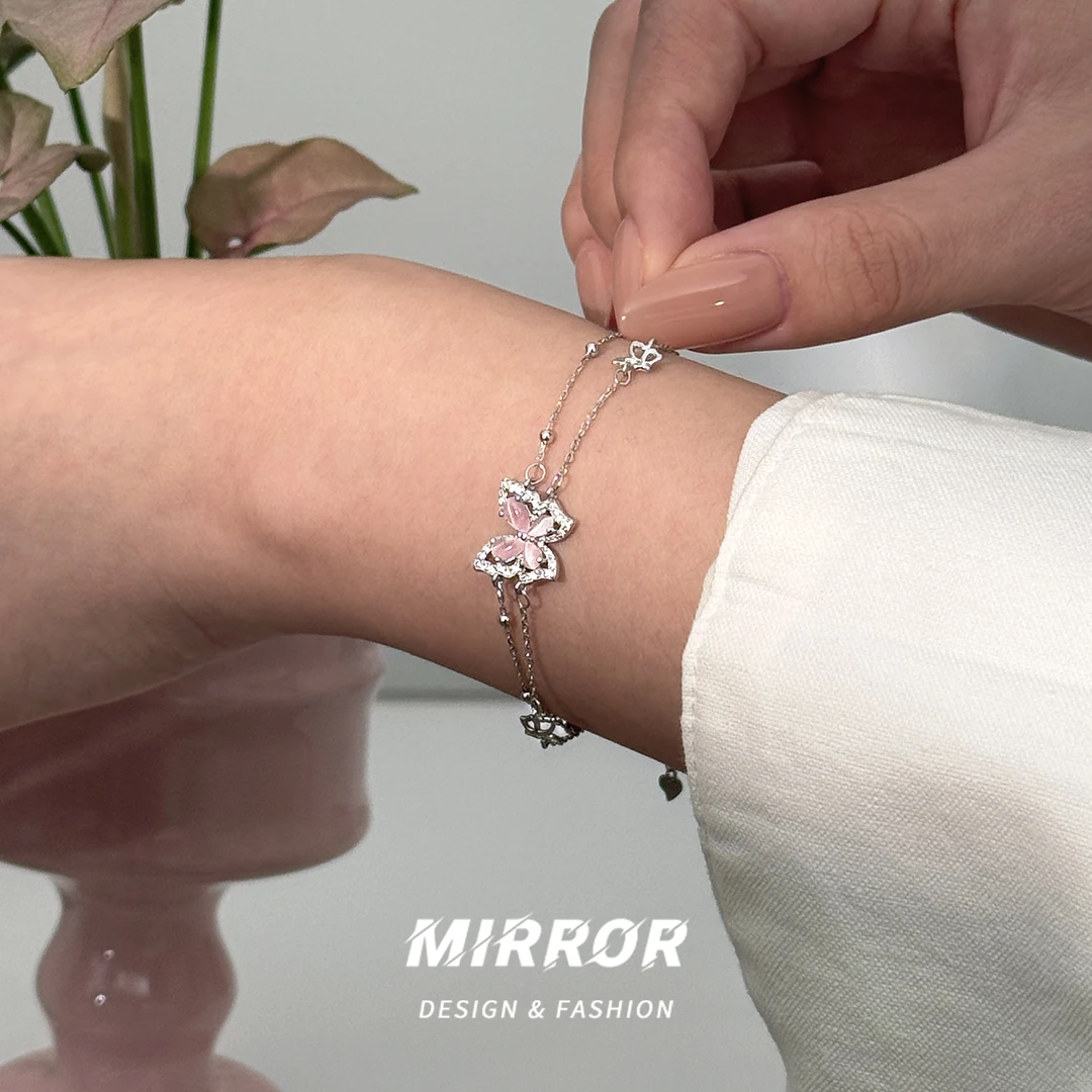 小麋人 925银手链 CS4524双层粉色蝴蝶手链女时尚小众气质个性