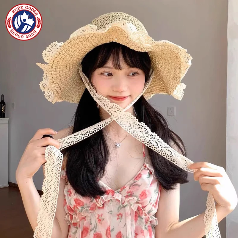 RUDY GOOSE手工编制夏季蕾丝系带镂空草帽女海边度假遮阳防晒帽子
