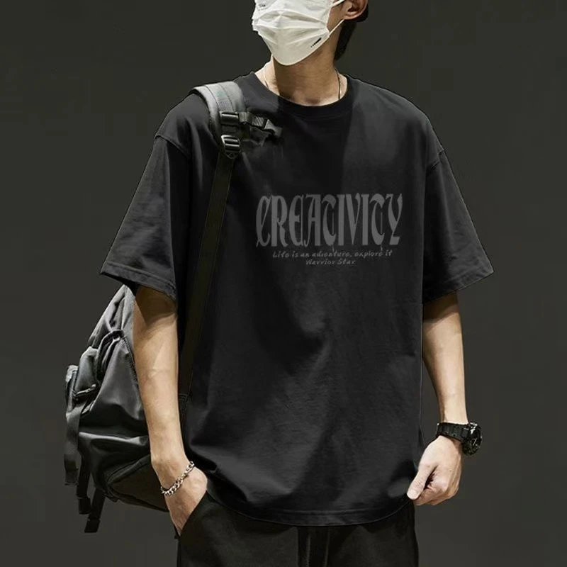 K59-2黑色简约潮牌男士短袖夏季大码休闲百搭宽松