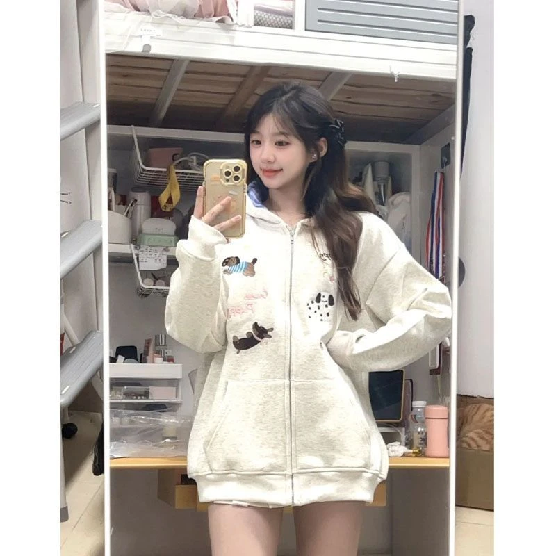 美式狗狗刺绣格子连帽卫衣开衫女秋冬宽松韩系慵懒风chic加绒外套