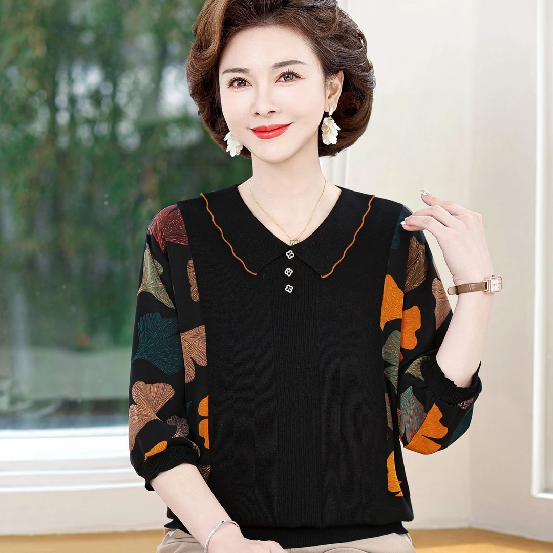 妈妈装秋装T恤七分袖洋气小衫2025新款中老年女衣服春秋薄款上衣