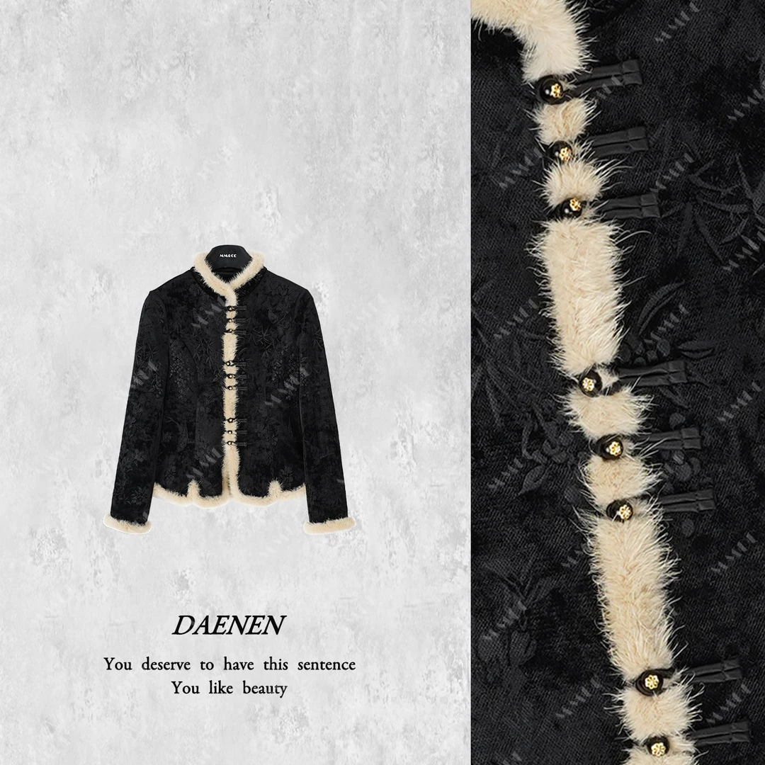 【云苏】新中式国风复古印花打底衫水貂毛拼接秋冬款保暖上衣F9982