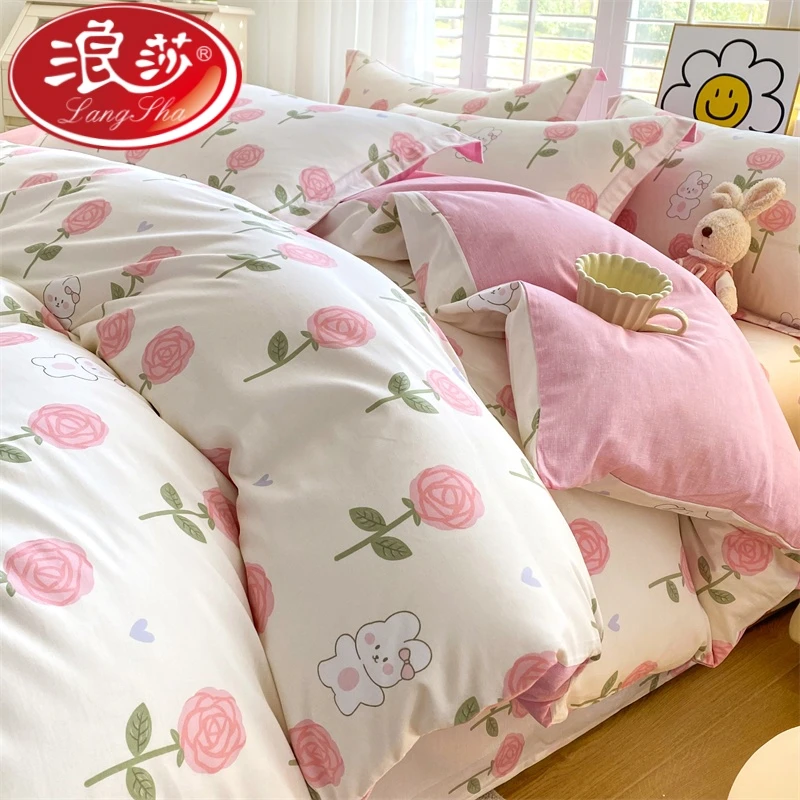 浪莎ins风纯棉床上四件套全棉学生宿舍床单三件套1.8床笠款可拆卸商品图